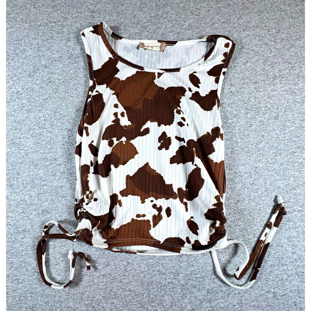 Altar’d State Cow Print Ribbed Knit Ruched Side Tie Tank Top Women’s XS